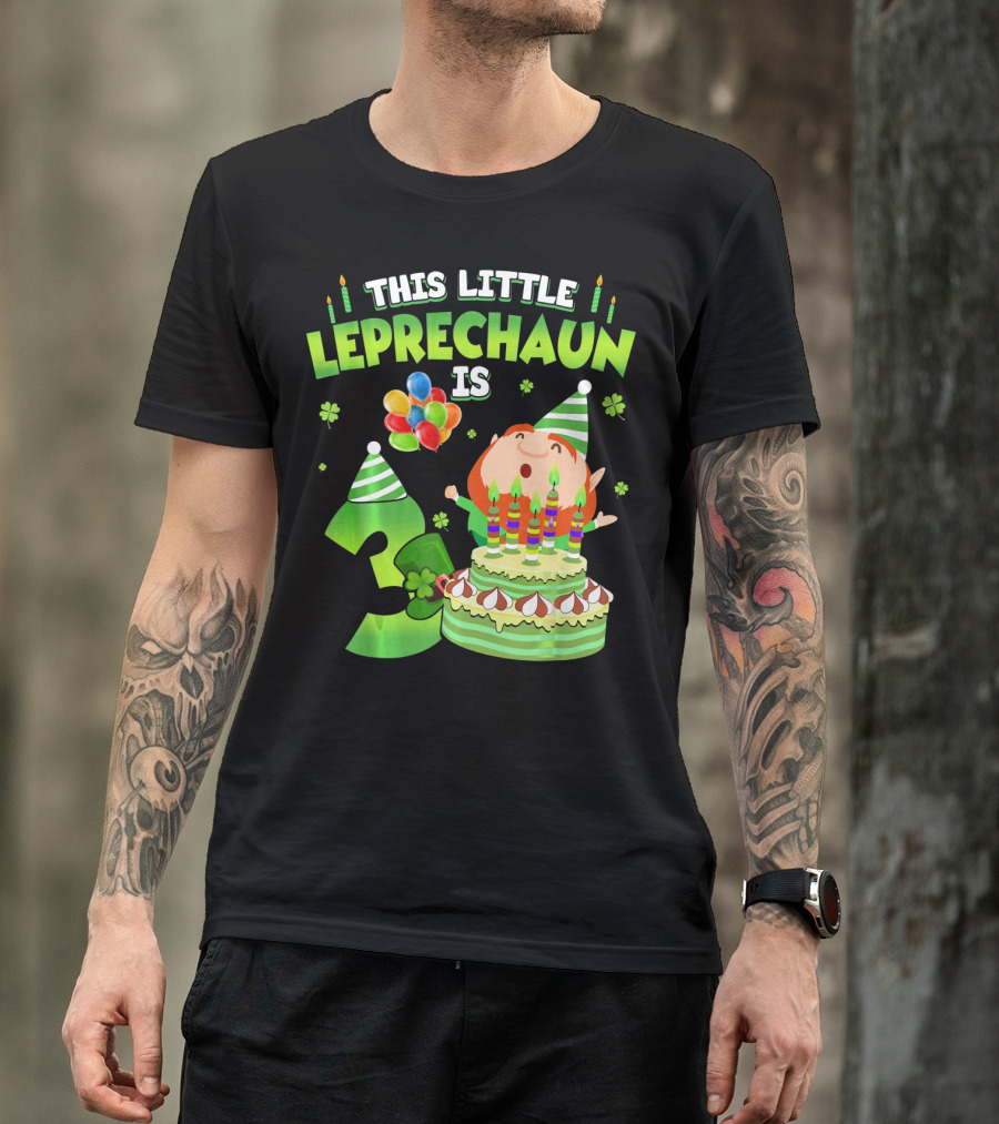 This Little Leprechaun Is 3 Birthday Celebration With Cake And Balloons T-Shirt
