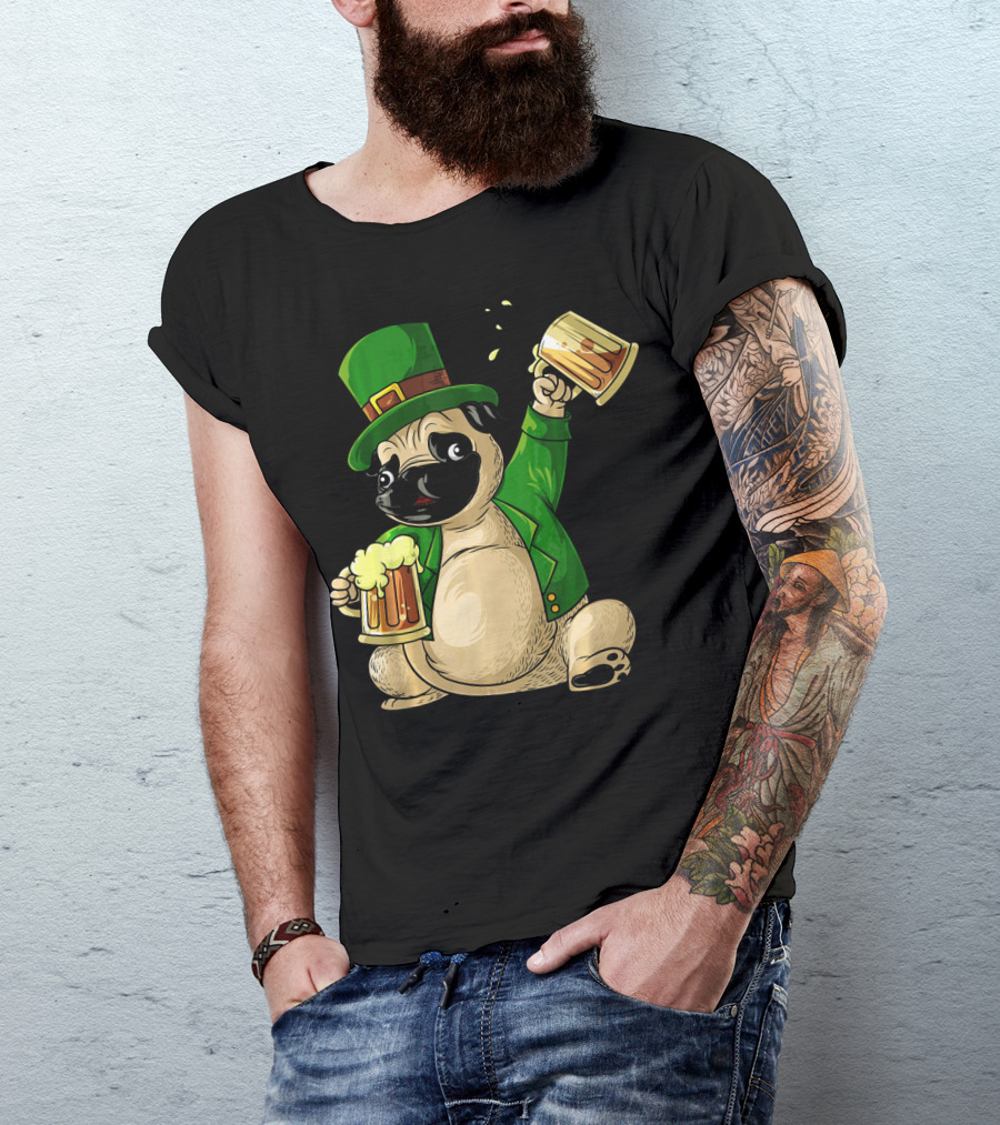 Irish Leprechaun Pug With Beer Mugs T-Shirt