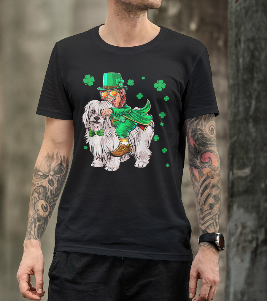 Leprechaun Riding Coton De Tulear With Shamrocks T-Shirt