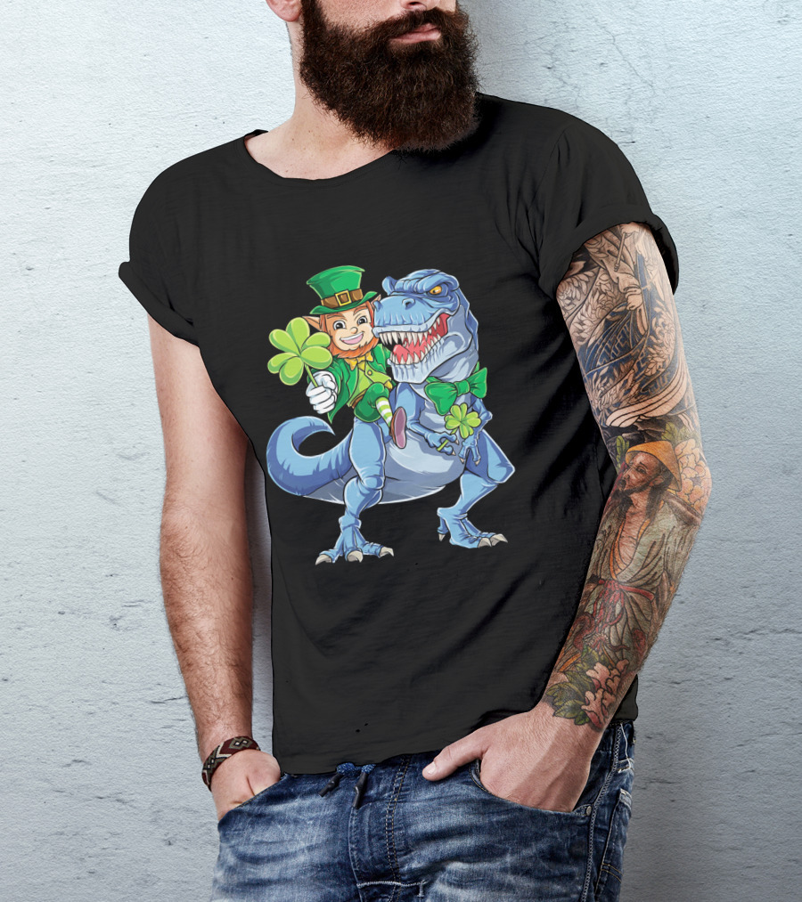 St Patricks Day Leprechaun Riding Dinosaur With Shamrock T-Shirt