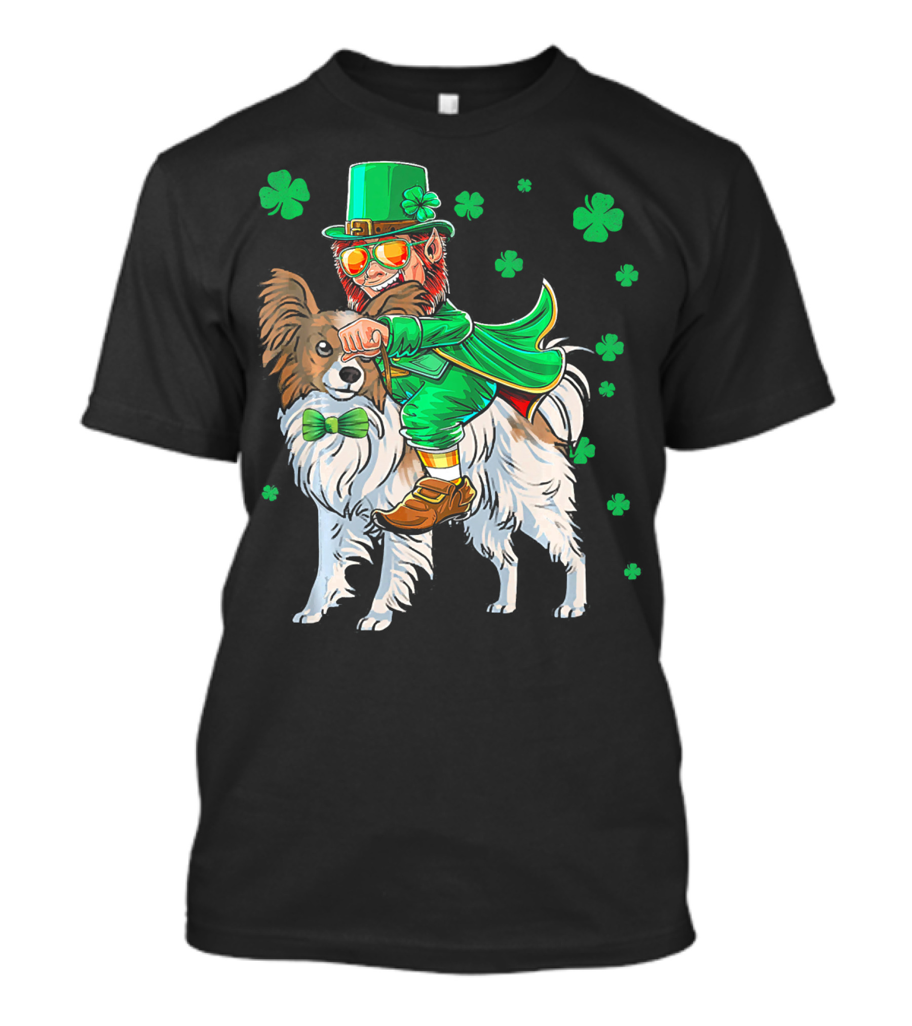 Leprechaun Riding Papillon With Shamrocks St. Patrick T-Shirt