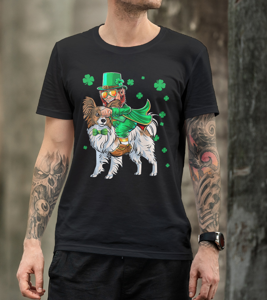 Leprechaun Riding Papillon With Shamrocks St. Patrick T-Shirt