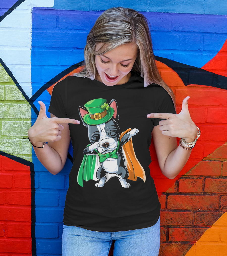 Dabbing Boston Terrier St. Patrick's Day Irish Flag Cape T-Shirt