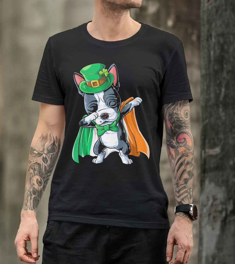 Dabbing Boston Terrier St. Patrick's Day Irish Flag Cape T-Shirt