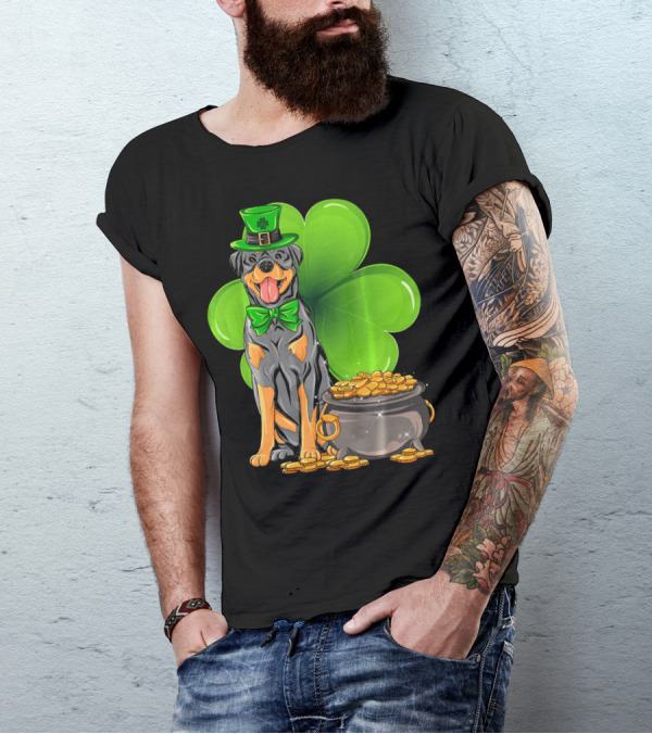 Rottweiler St Patricks Day Leprechaun With Shamrock And Gold Coins T-Shirt