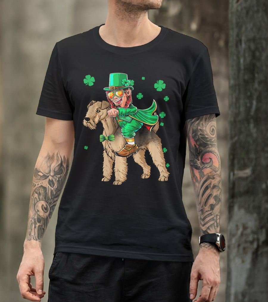 Leprechaun Lakeland Terrier Shamrock Celebration With Green Hat And Bow Tie T-Shirt