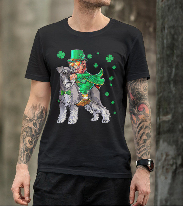 Leprechaun Riding Miniature Schnauzer With Green Shamrocks T-Shirt