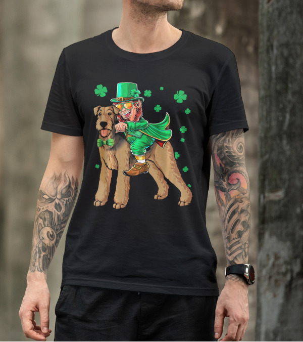 Leprechaun Riding Airedale Terrier With Shamrocks T-Shirt