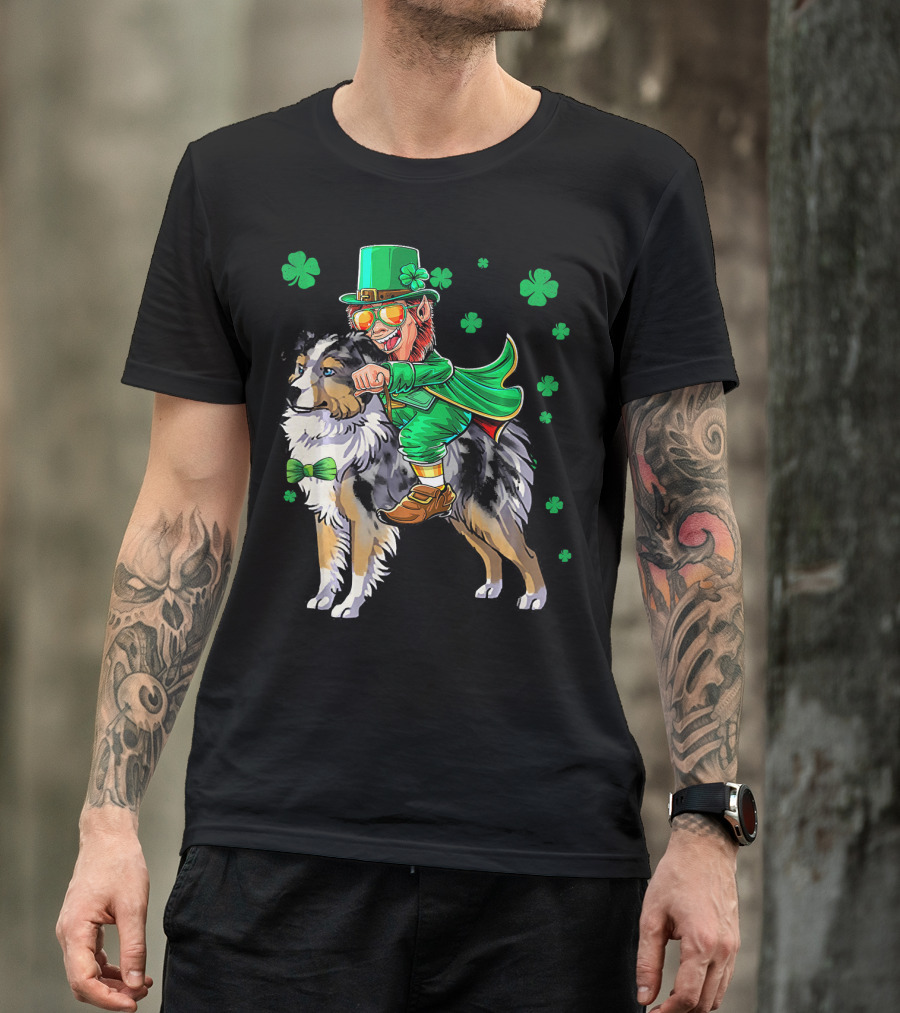 Leprechaun Riding Miniature Australian Shepherd With Shamrocks T-Shirt