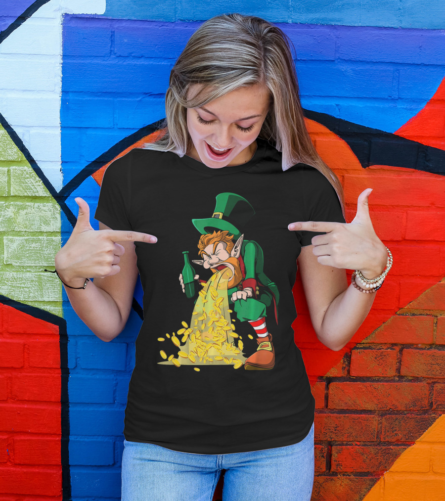Funny St Patricks Day Puking Leprechaun With Beer And Gold Coins T-Shirt