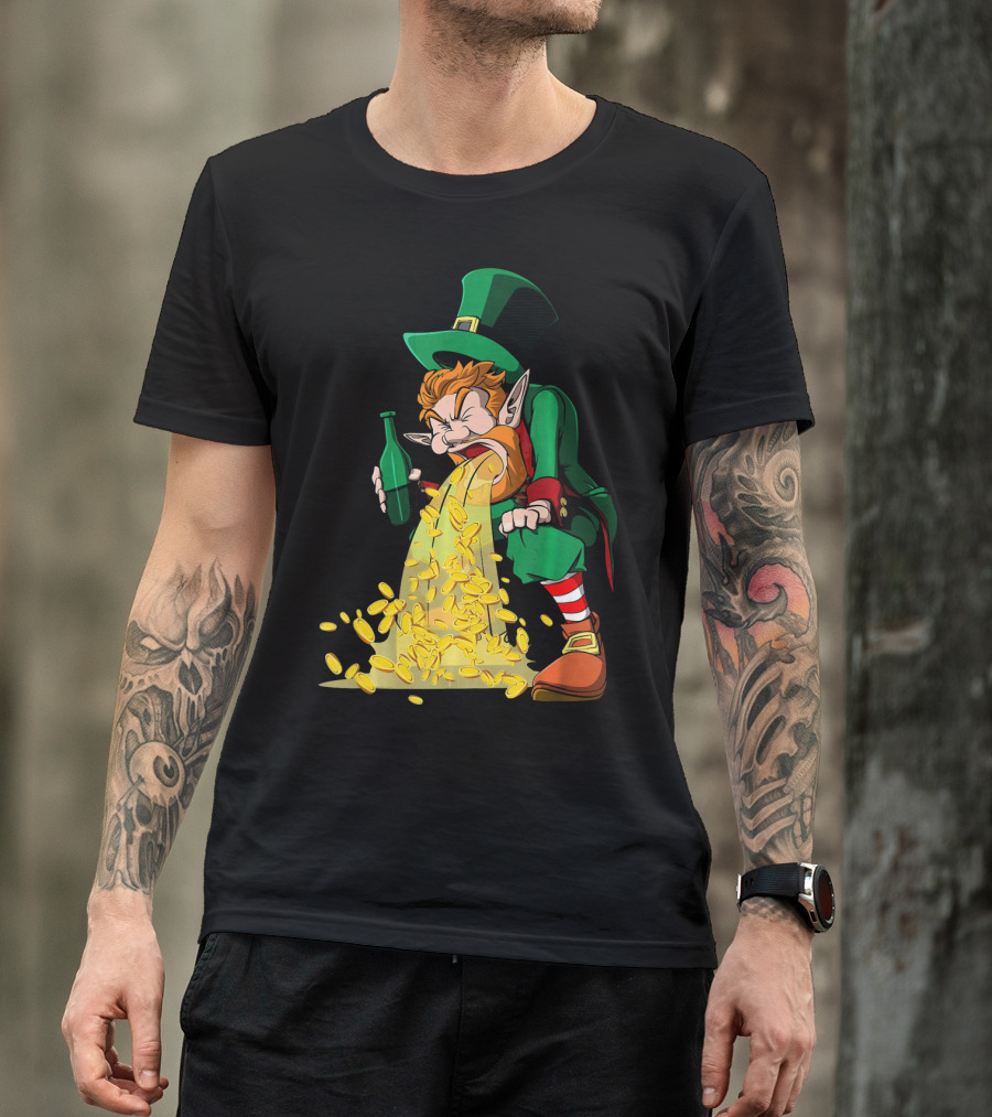 Funny St Patricks Day Puking Leprechaun With Beer And Gold Coins T-Shirt