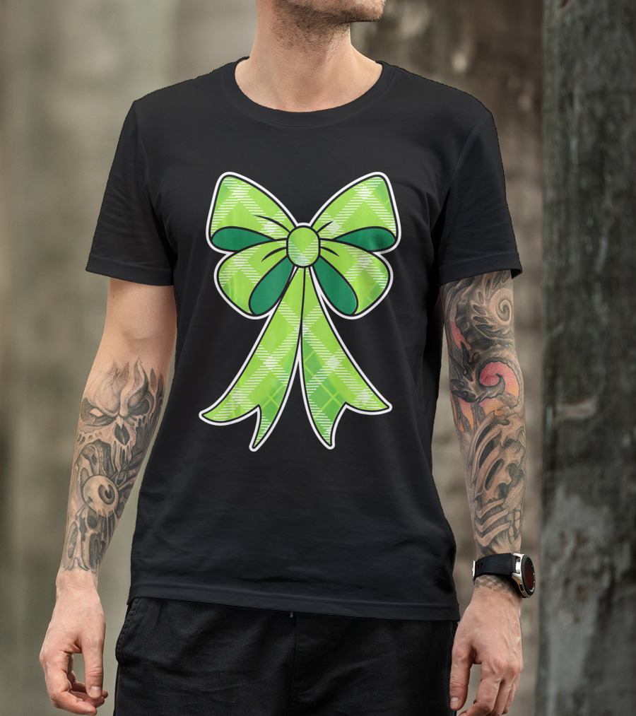 Girls St Patricks Day Green Plaid Bow T-Shirt