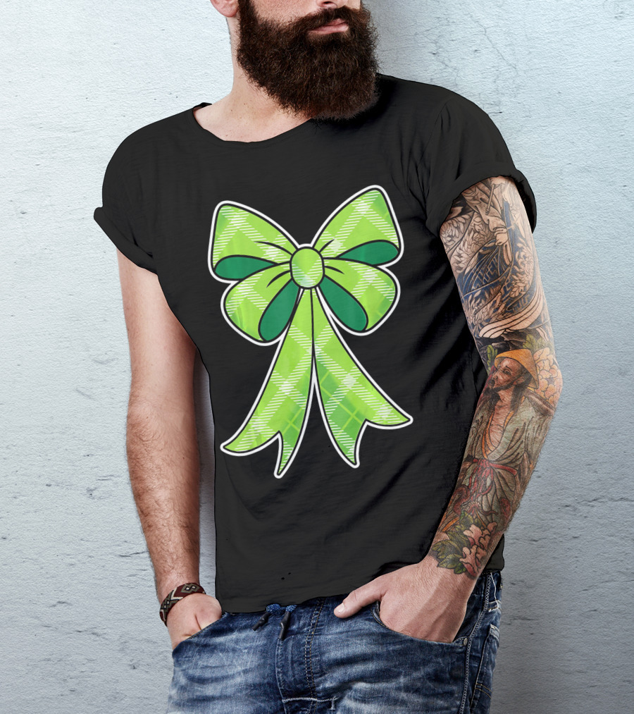Girls St Patricks Day Green Plaid Bow T-Shirt