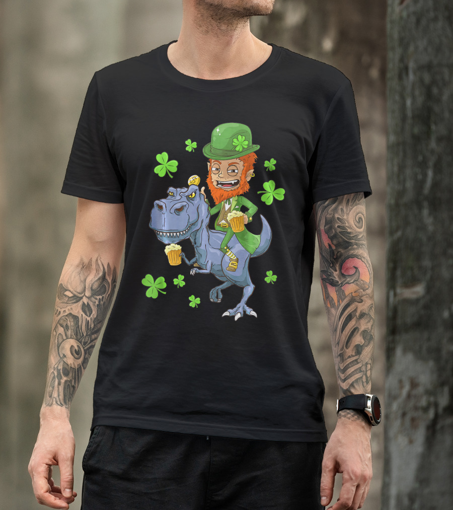 Leprechaun Irish Riding T-Rex Dinosaur With Shamrocks And Beer T-Shirt