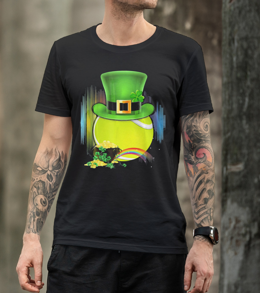 Leprechaun Hat Tennis Ball With Rainbow And Pot Of Gold For Saint Patricks T-Shirt