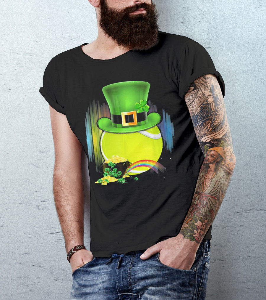 Leprechaun Hat Tennis Ball With Rainbow And Pot Of Gold For Saint Patricks T-Shirt