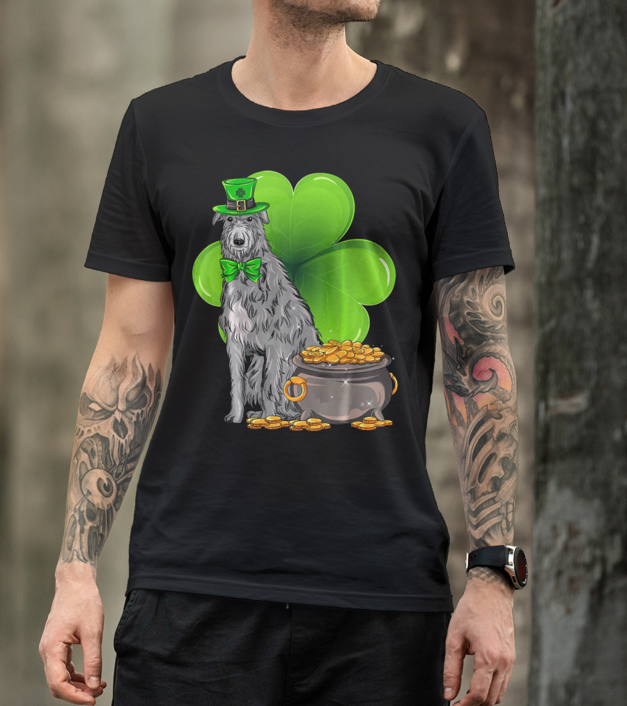 Scottish Deerhound St Patricks Day Leprechaun Hat Pot Of Gold Shamrock T-Shirt