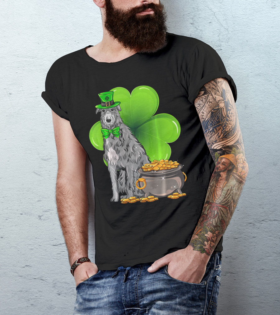 Scottish Deerhound St Patricks Day Leprechaun Hat Pot Of Gold Shamrock T-Shirt