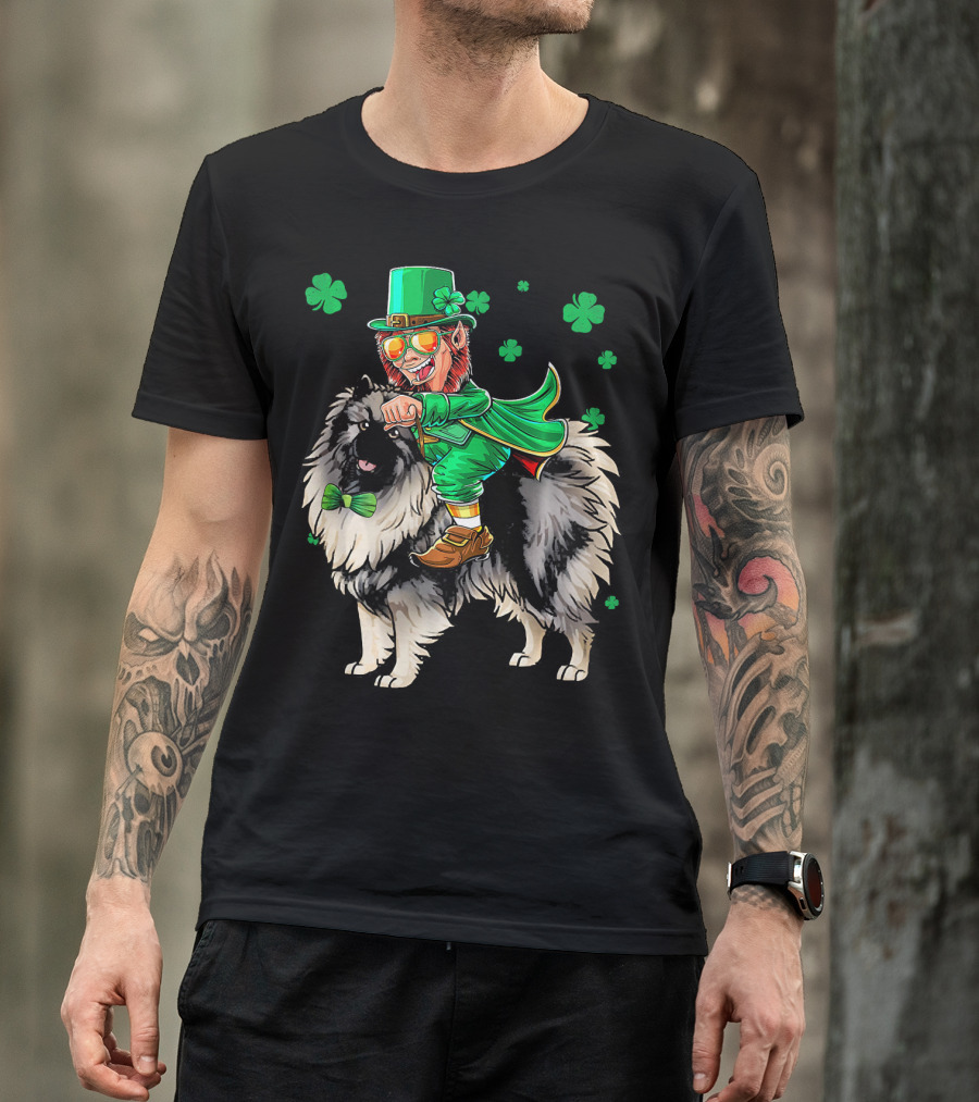 Leprechaun Riding Keeshond With Shamrocks For St. Patrick's Day T-Shirt
