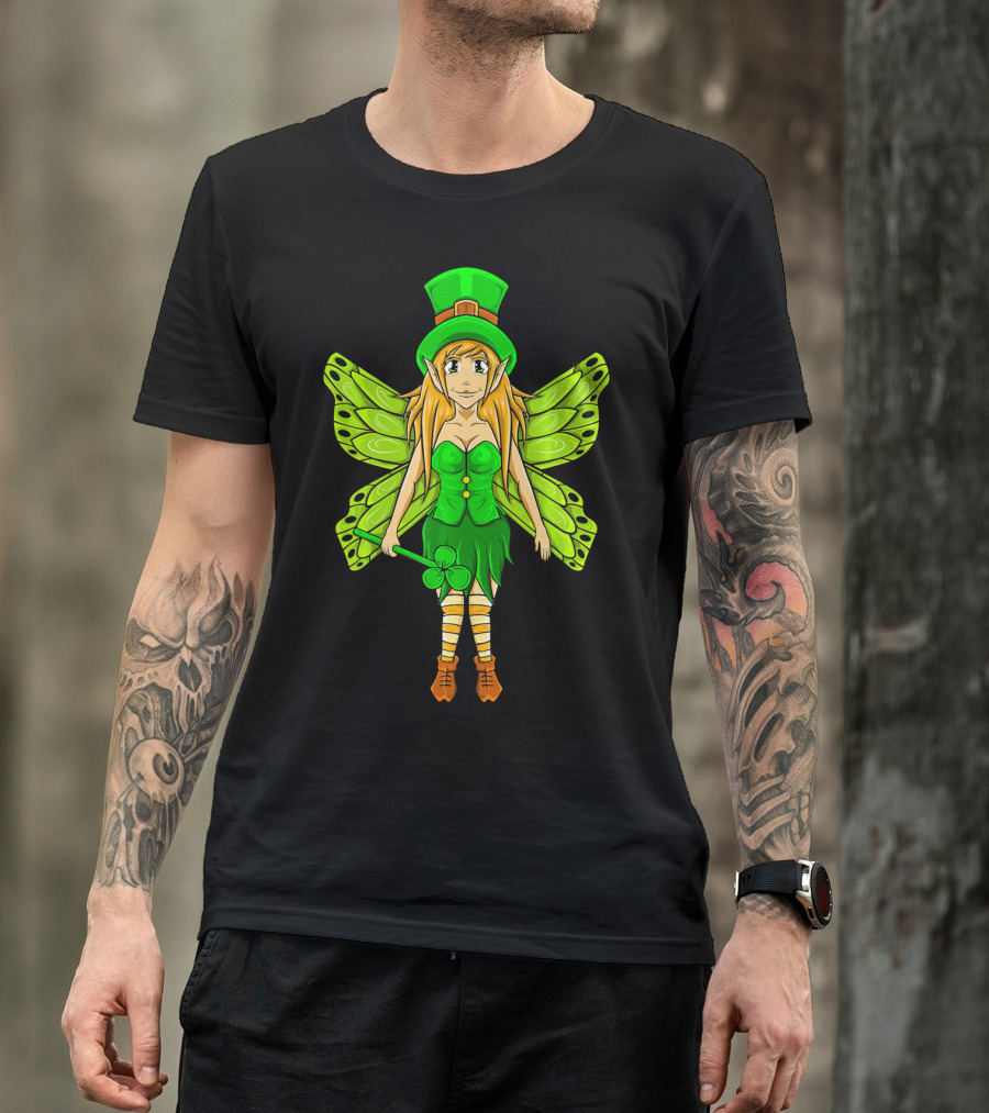 Funny St Patricks Day Leprechaun Fairy Girl With Green Wings And Clover Staff T-Shirt