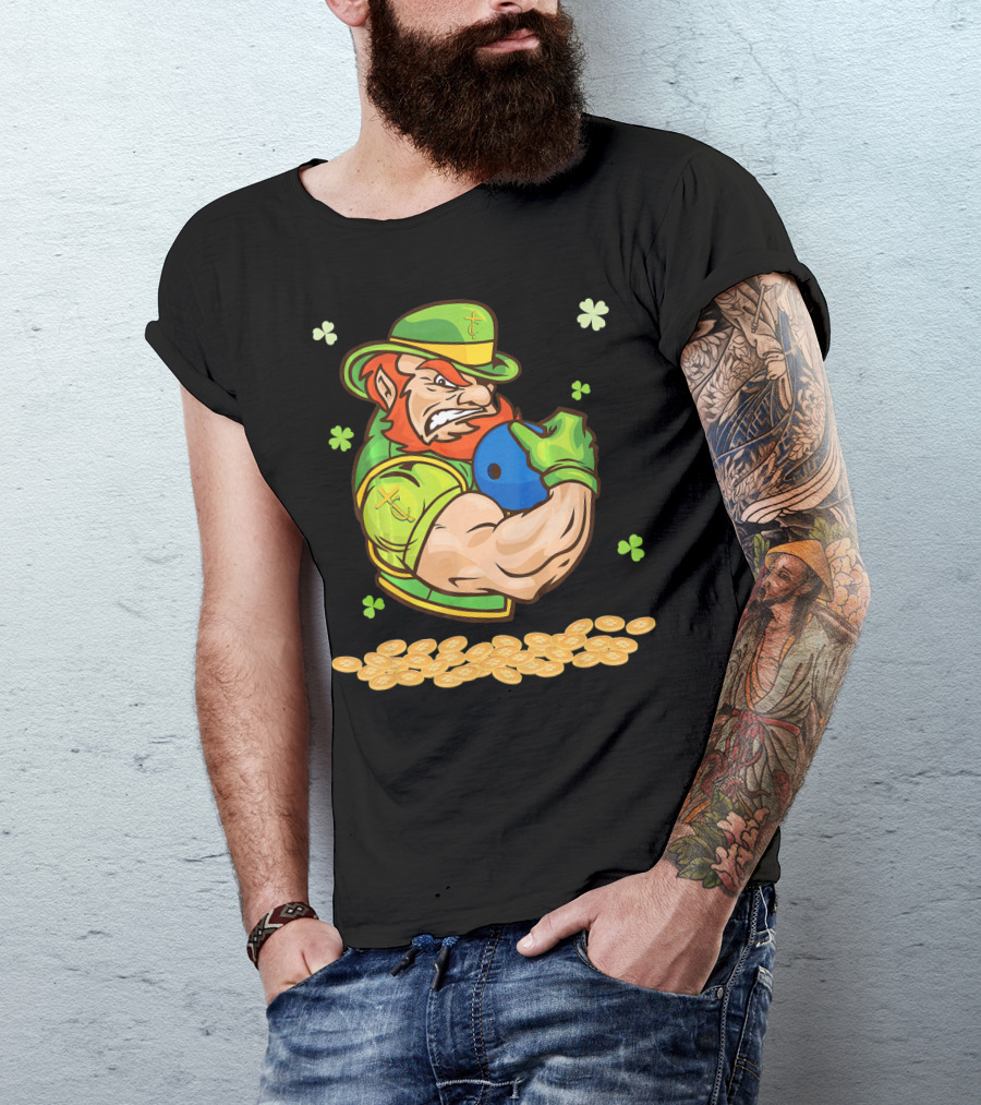Leprechaun Playing Bowling Around Shamrock Coins And Clover T-Shirt