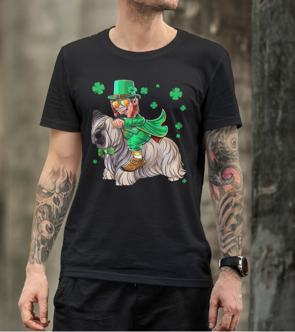 Leprechaun Riding Skye Terrier Shamrocks St. Patrick's Day T-Shirt