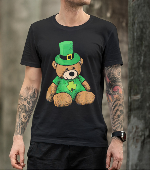 St. Patrick's Day Irish Teddy Bear With Leprechaun Hat And Clover T-Shirt
