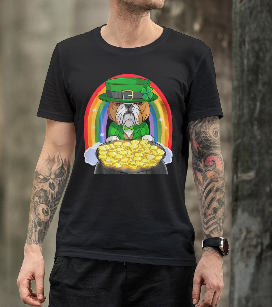 English Bulldog St Patricks Day Leprechaun Pot Of Gold Rainbow T-Shirt