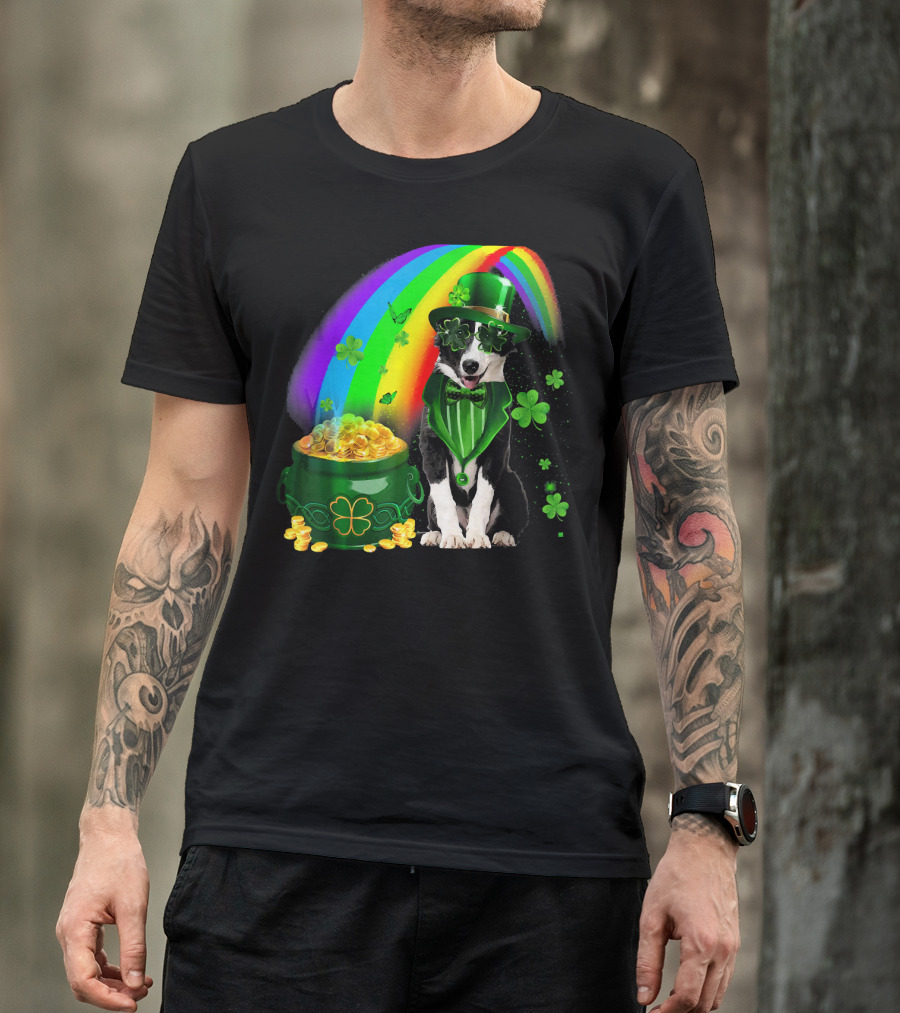 Border Collie Irish Leprechaun With Rainbow And Pot Of Gold Coins T-Shirt