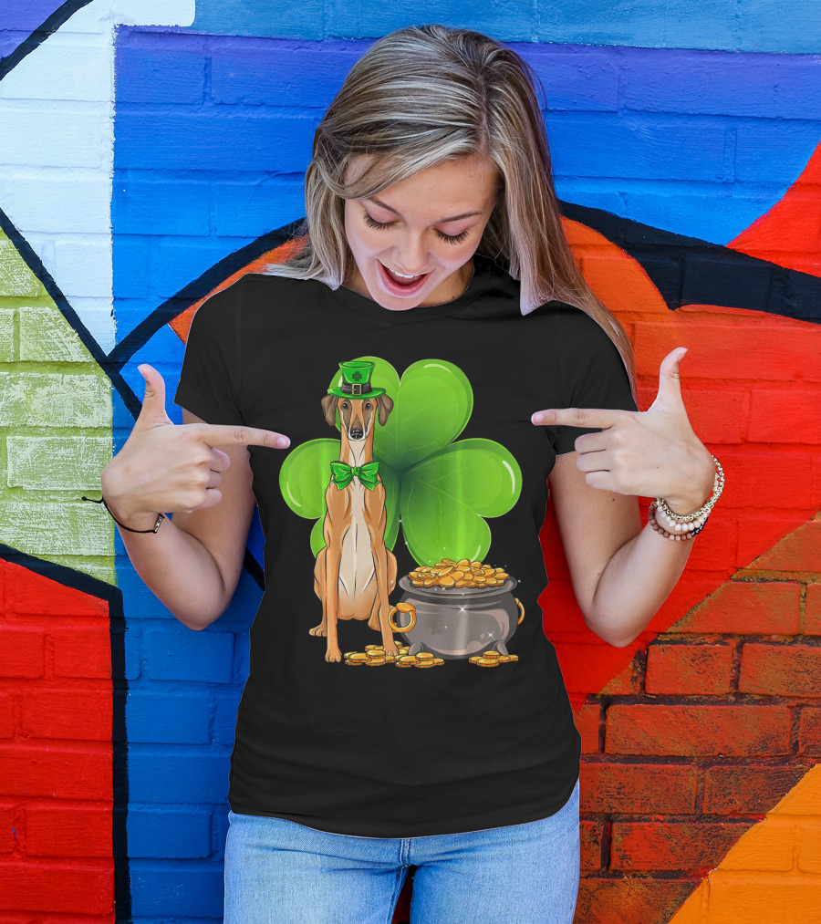 Sloughi Dog With Leprechaun Hat And Clover St Patricks Day Pot Of Gold T-Shirt