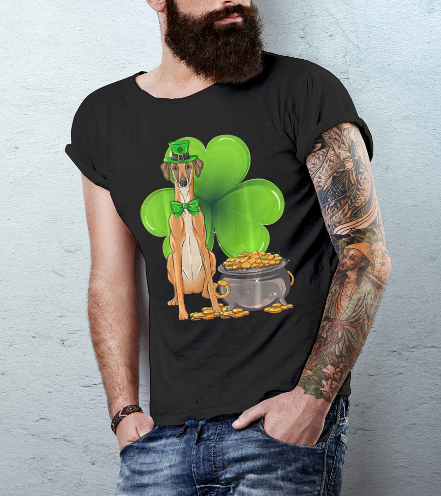 Sloughi Dog With Leprechaun Hat And Clover St Patricks Day Pot Of Gold T-Shirt
