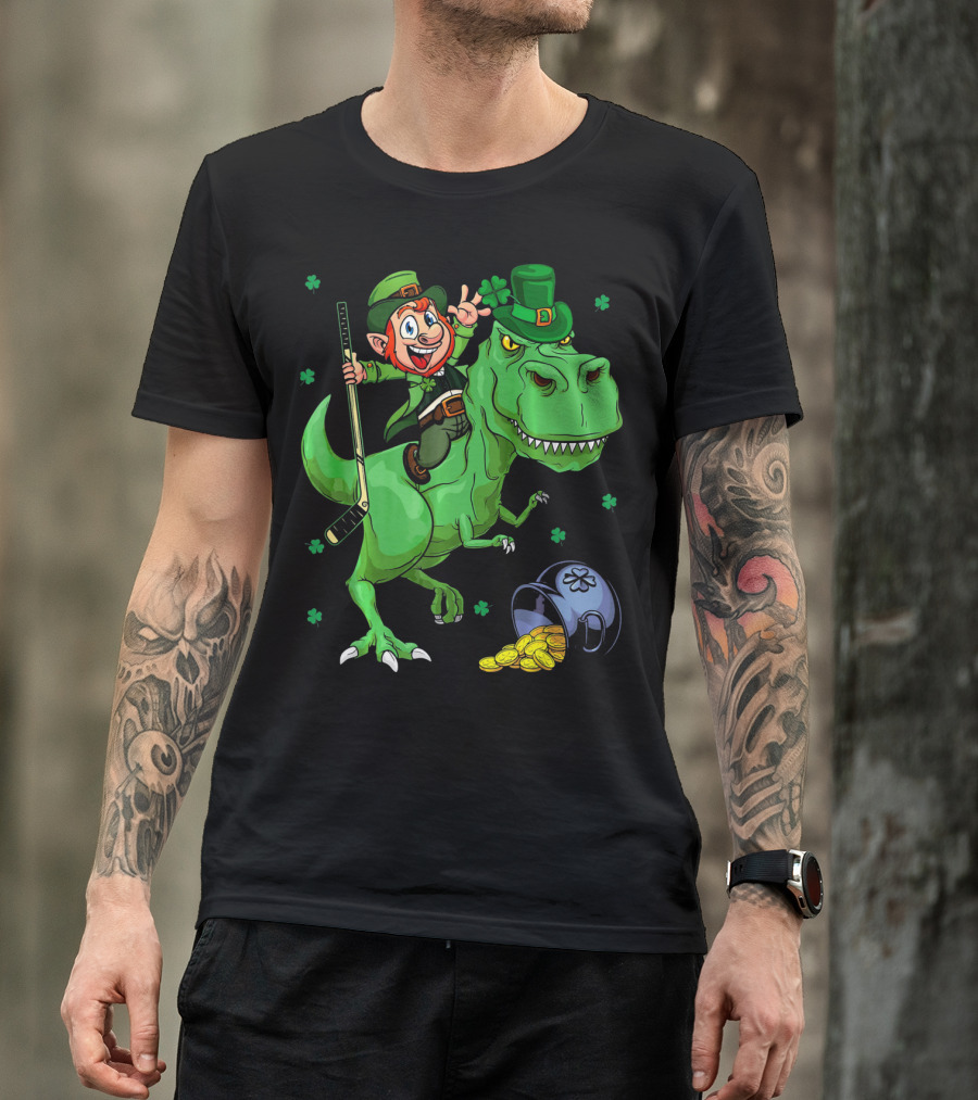 Funny St. Pat Rex Day Leprechaun Riding Dinosaur With Hockey Stick And Gold Coins T-Shirt