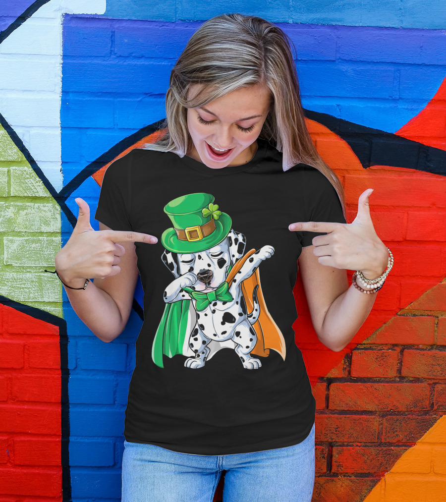 Saint Patrick's Day Dabbing Dalmatian In Green Hat And Irish Colors T-Shirt