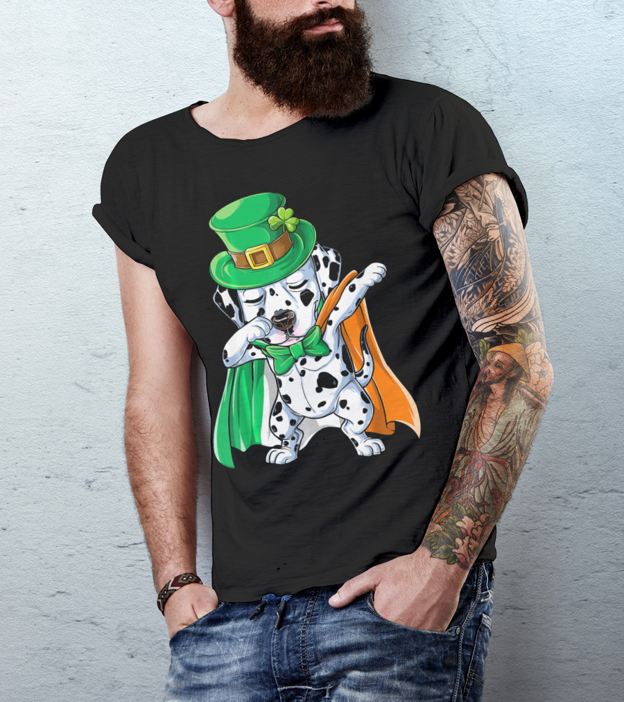 Saint Patrick's Day Dabbing Dalmatian In Green Hat And Irish Colors T-Shirt