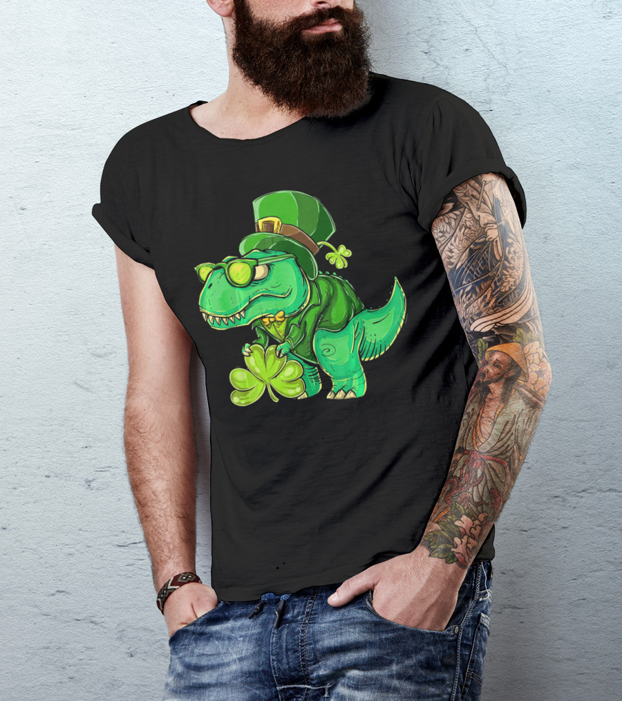 St Patricks Day Irish Dinosaur With Shamrock And Leprechaun Hat T-Shirt
