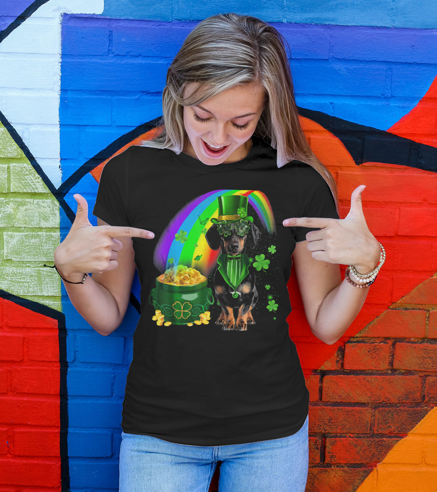 Dachshund Dog Irish Leprechaun With Pot Of Gold And Rainbow T-Shirt