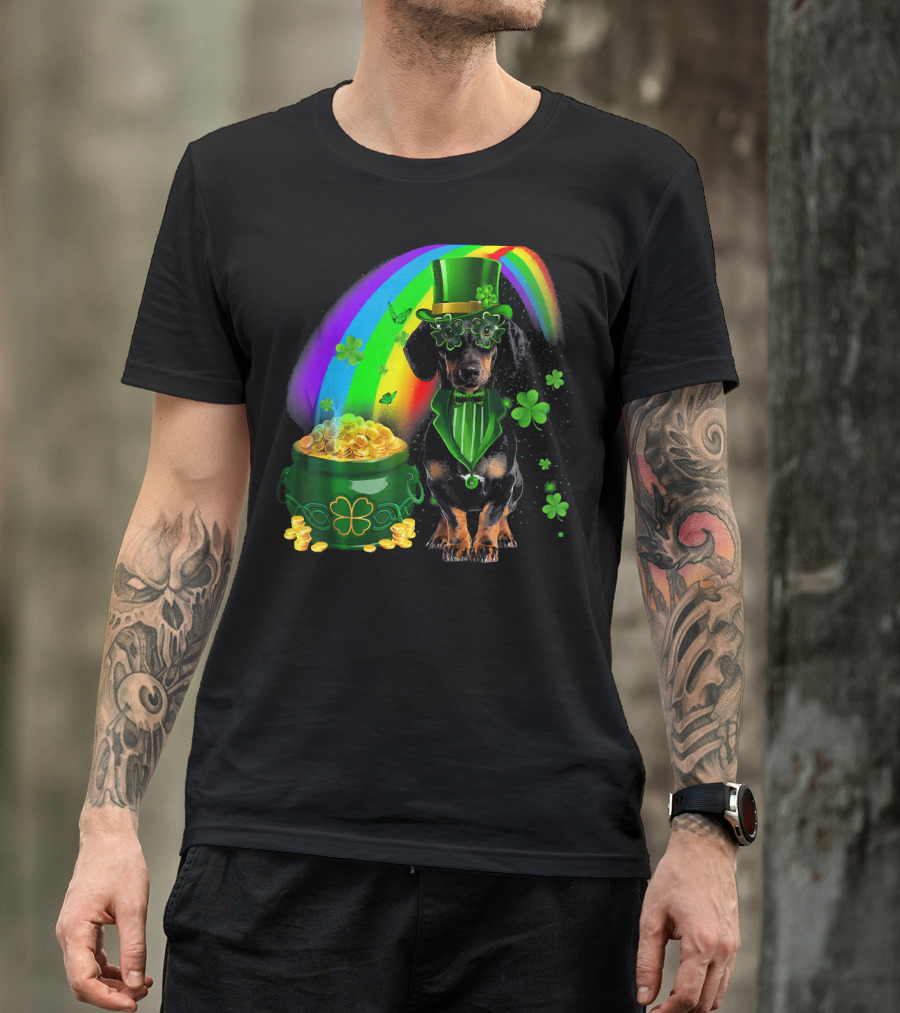 Dachshund Dog Irish Leprechaun With Pot Of Gold And Rainbow T-Shirt