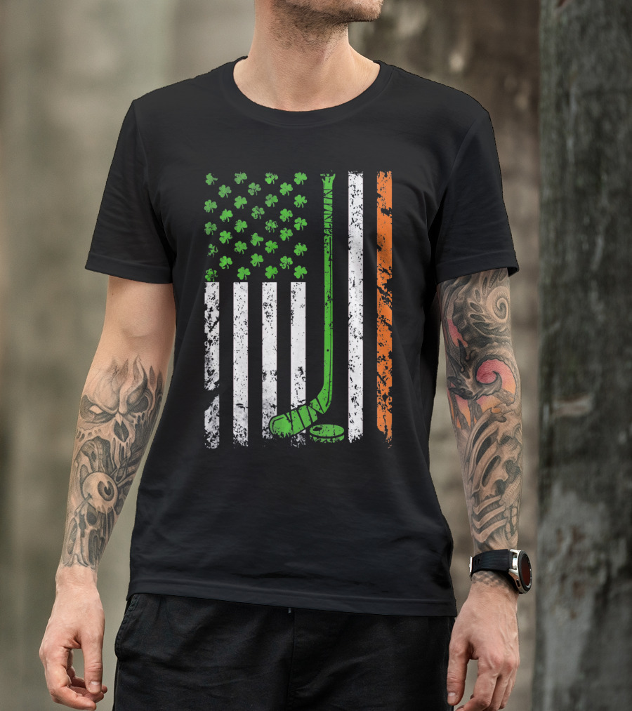 Irish American Hockey Flag With Shamrocks And Hockey Stick T-Shirt