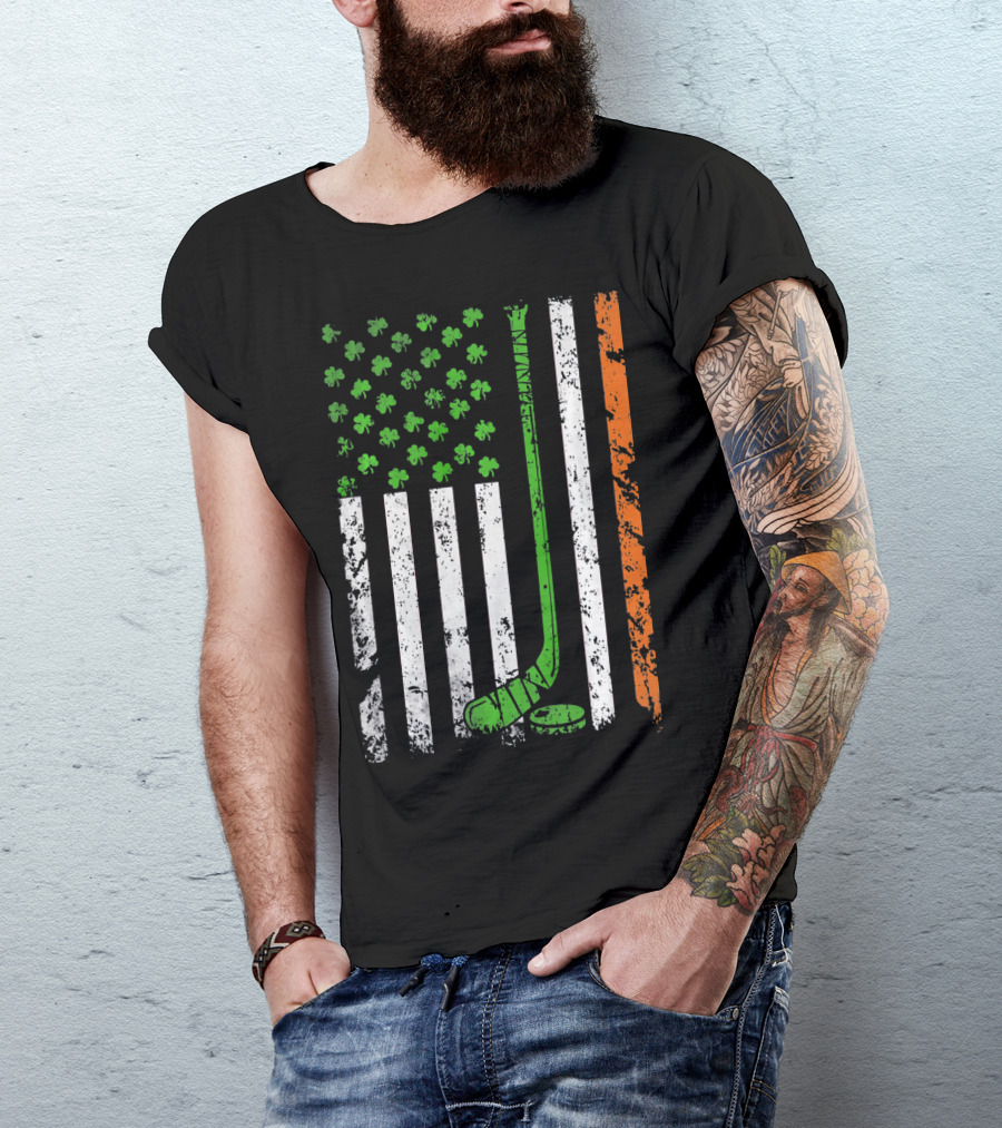 Irish American Hockey Flag With Shamrocks And Hockey Stick T-Shirt