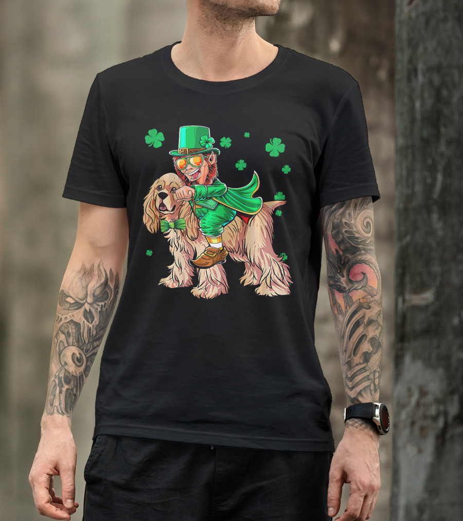 Leprechaun Riding Cocker Spaniel With Shamrocks T-Shirt