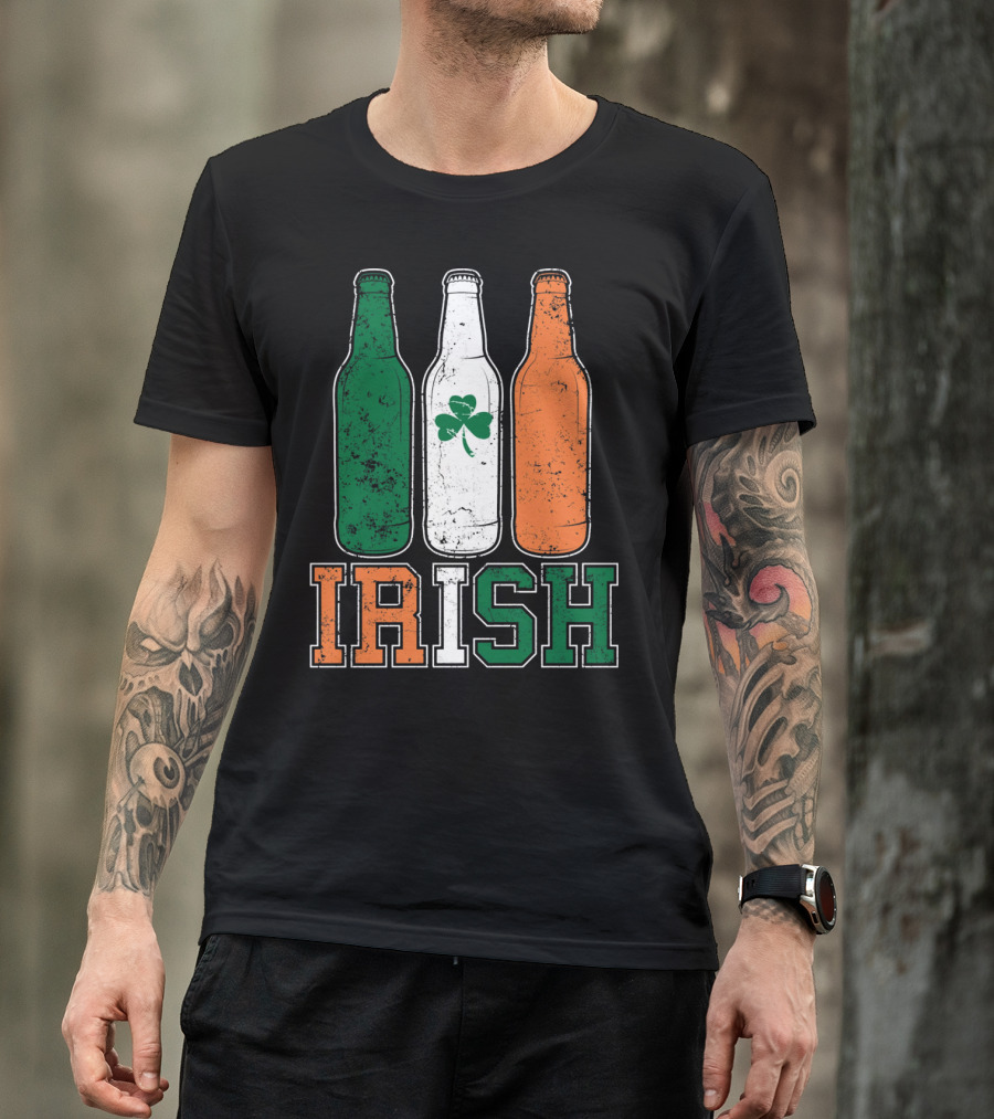 IRISH St Paddys Day Drinking Bottles With Shamrock Flag T-Shirt