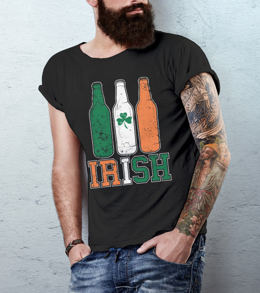 IRISH St Paddys Day Drinking Bottles With Shamrock Flag T-Shirt