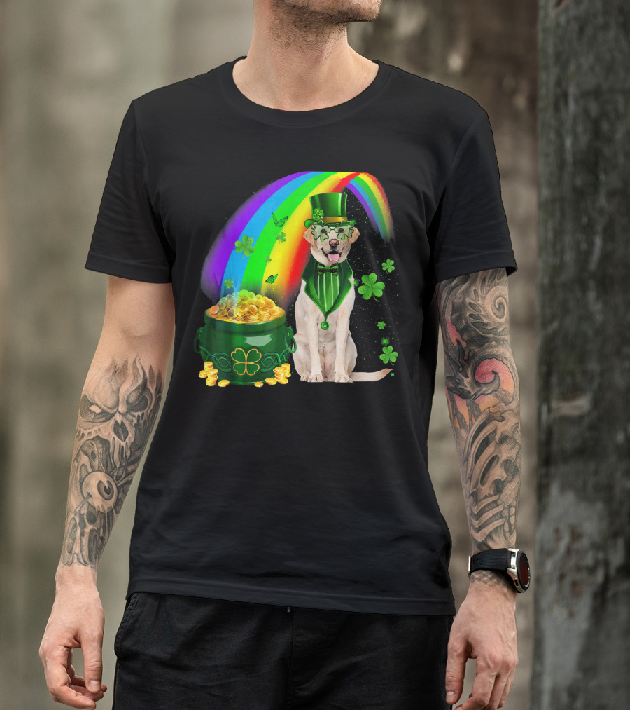 Labrador Dog Leprechaun With Rainbow Coins And Shamrock Saint Patrick's Day Irish Charm T-Shirt