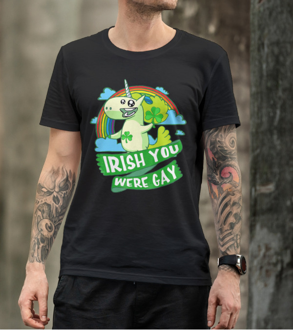 Unicorn Irish You Were Gay Rainbow Shamrock Clouds T-Shirt