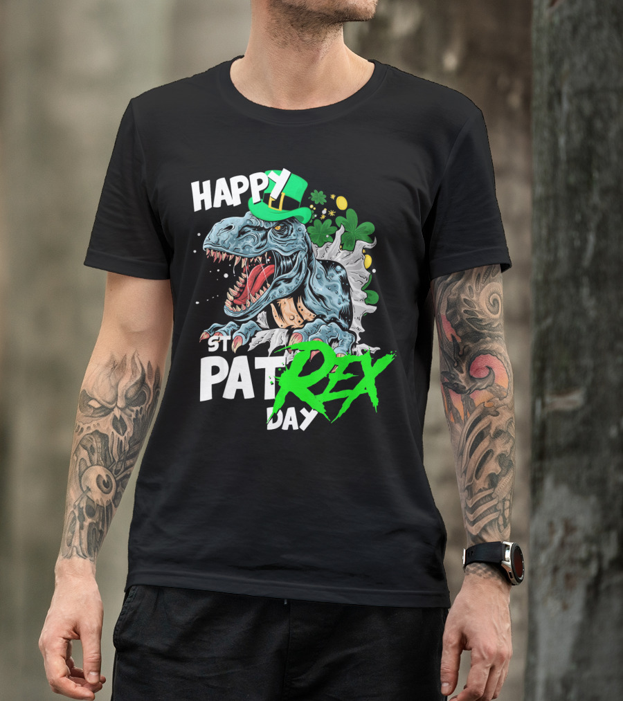 St Patricks Day Rex Happy Pat With Leprechaun Hat And Shamrocks T-Shirt