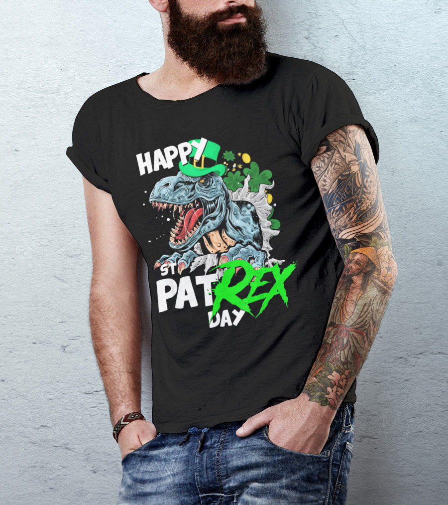 St Patricks Day Rex Happy Pat With Leprechaun Hat And Shamrocks T-Shirt