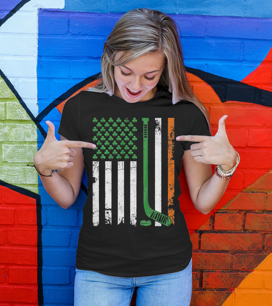 Irish American Flag Shamrock Hockey Stick T-Shirt