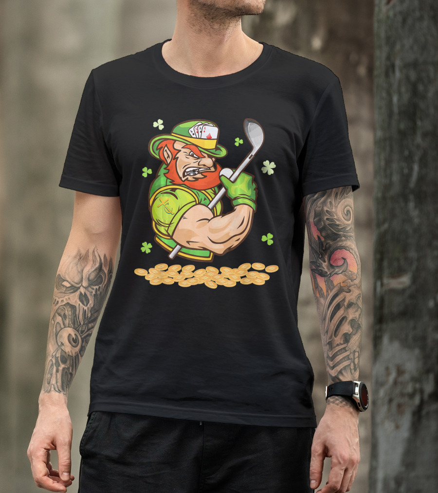 Leprechaun Swinging Golf Club Surrounded By Shamrocks And Gold Coins T-Shirt