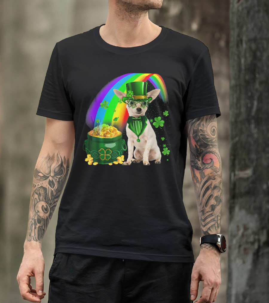 Chihuahua Irish Leprechaun With Shamrock And Rainbow Coin Pot T-Shirt