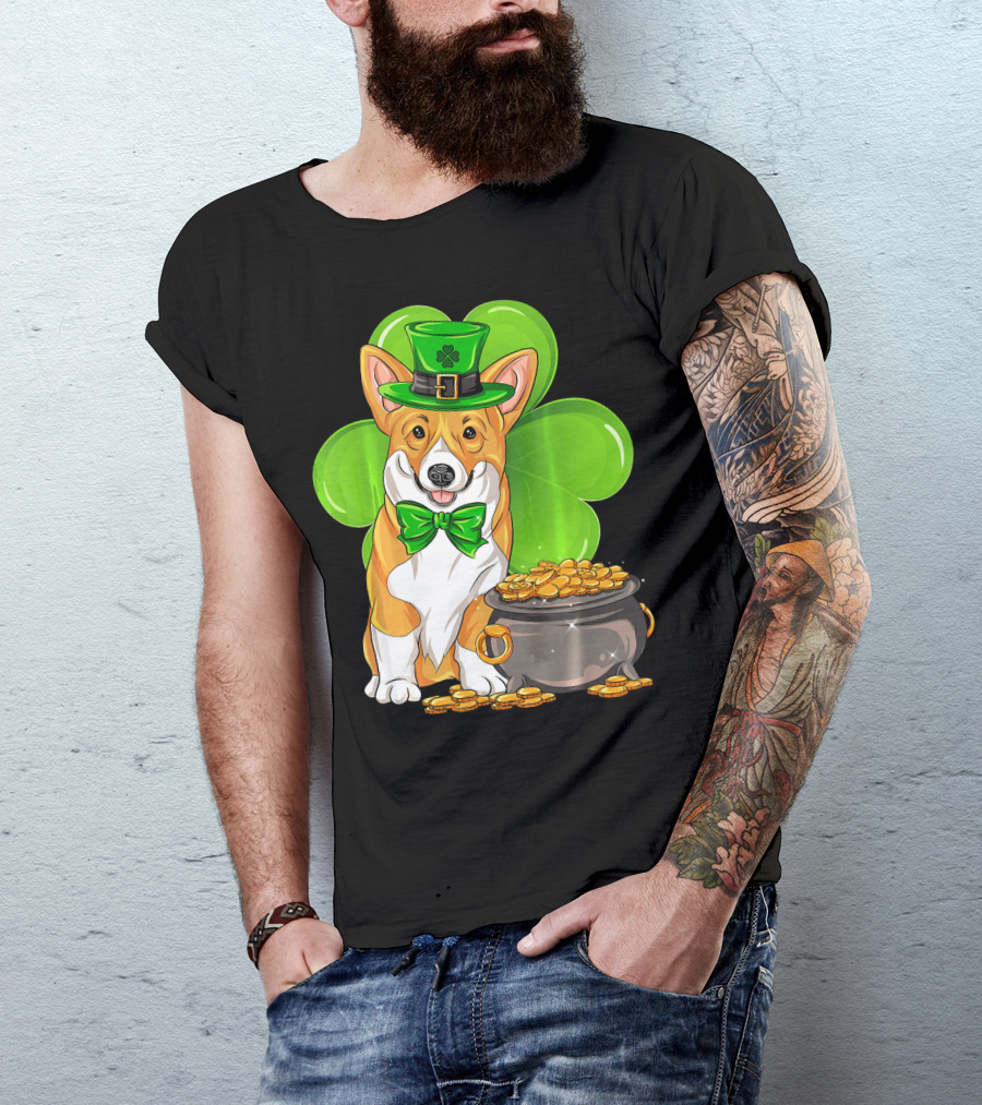 Pembroke Welsh Corgi St Patricks Day Leprechaun Hat Shamrock Pot Of Gold T-Shirt